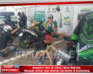 Suasana Haru di Ulang Tahun Baznas, Ratusan Driver Ojol Nikmati Oli Gratis di Sumedang.